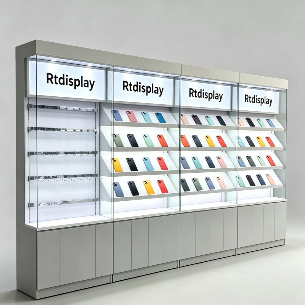 4-Section Modular Wall Display Cabinet with Lightbox Headers front three-quarter view