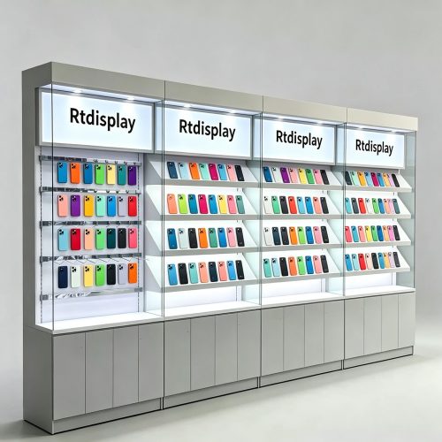 4-Section Modular Wall Display Cabinet with Lightbox Headers front view