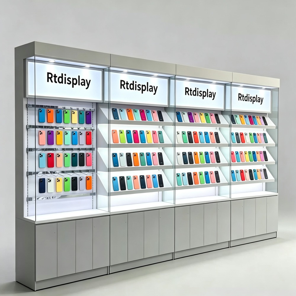 4-Section Modular Wall Display Cabinet with Lightbox Headers front view