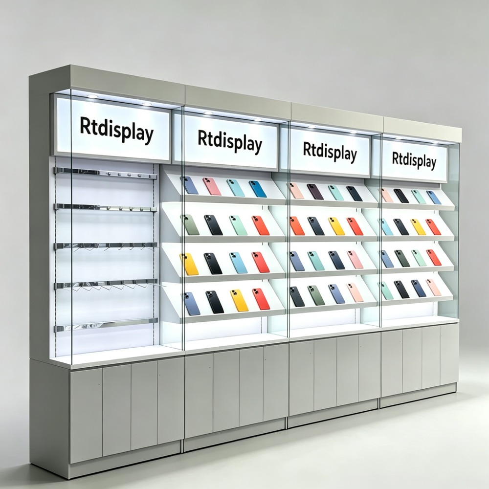 4-Section Modular Wall Display Cabinet with Lightbox Headers left side view