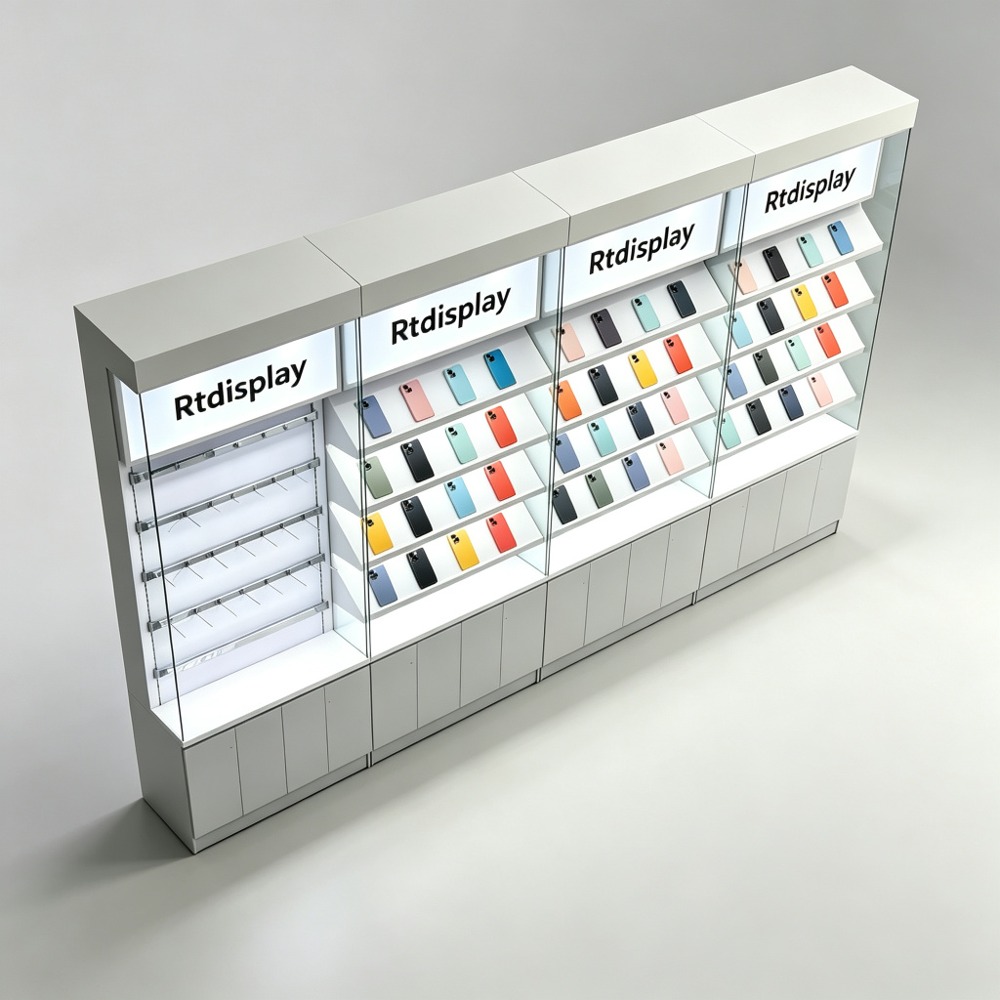 4-Section Modular Wall Display Cabinet with Lightbox Headers top-down view