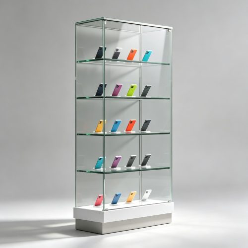 Tall All-Glass Display Cabinet with Phone Holder Shelves front three-quarter view