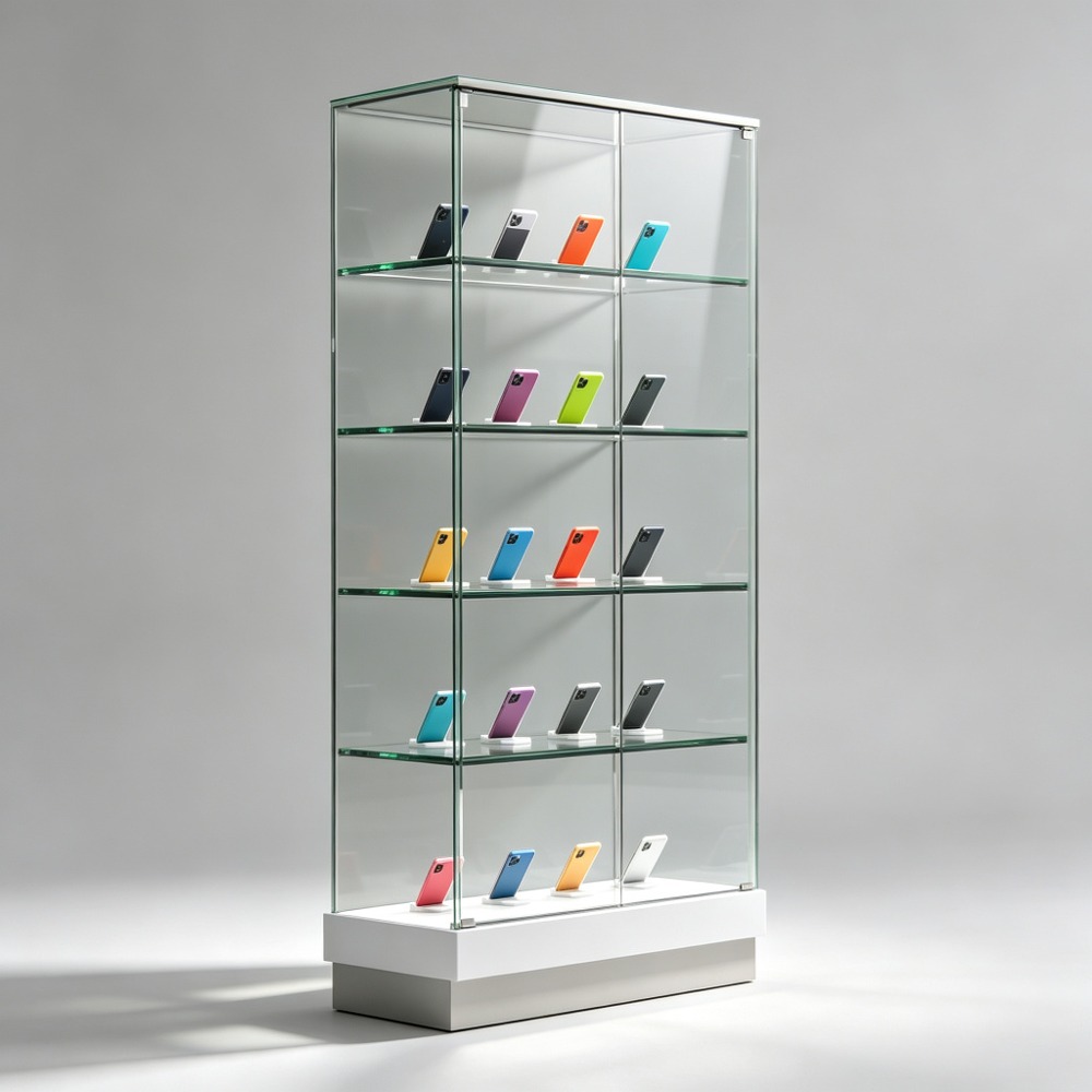 Tall All-Glass Display Cabinet with Phone Holder Shelves front three-quarter view