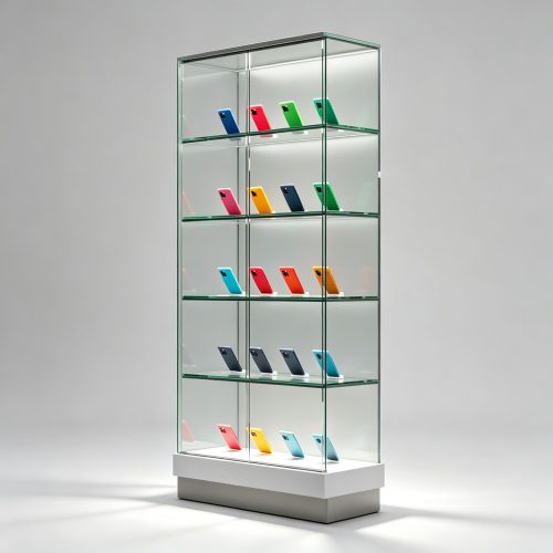 Tall All-Glass Display Cabinet with Phone Holder Shelves front view
