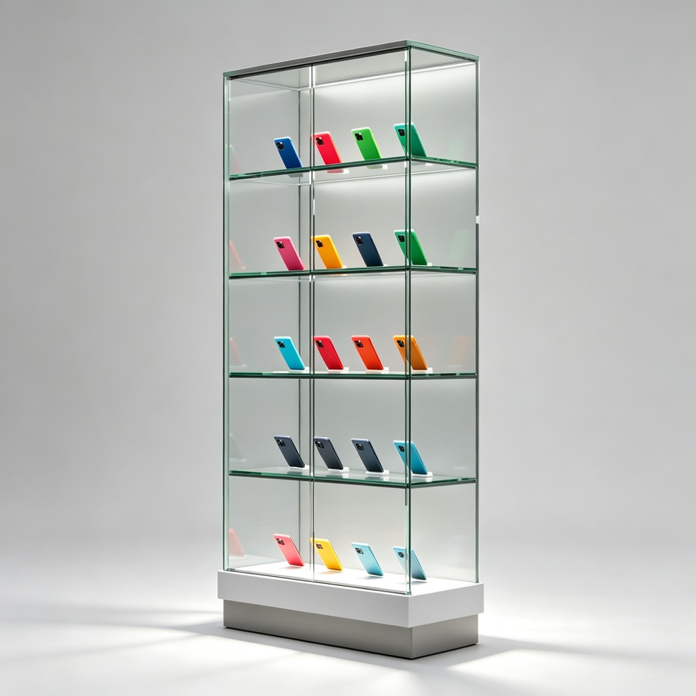 Tall All-Glass Display Cabinet with Phone Holder Shelves front view
