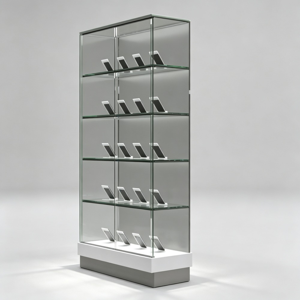 Tall All-Glass Display Cabinet with Phone Holder Shelves left side view