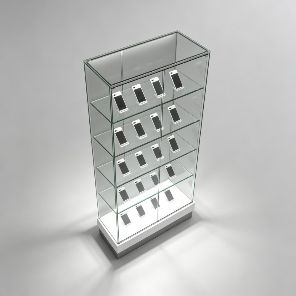 Tall All-Glass Display Cabinet with Phone Holder Shelves top-down view