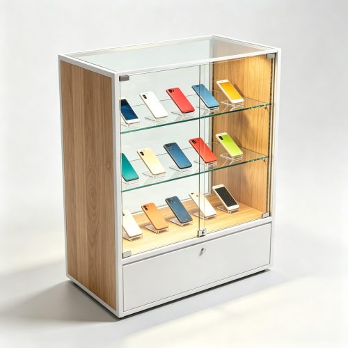 Light Oak and White Glass Display Cabinet with Four Shelves for Phone Cases 1200mm front three-quarter view