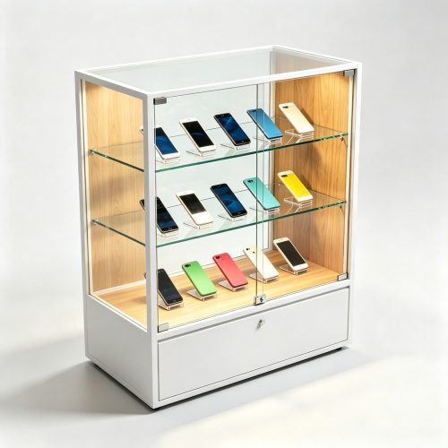 Light Oak and White Glass Display Cabinet with Four Shelves for Phone Cases 1200mm front view