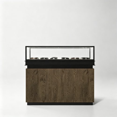 Walnut glass-top eyewear counter front three-quarter