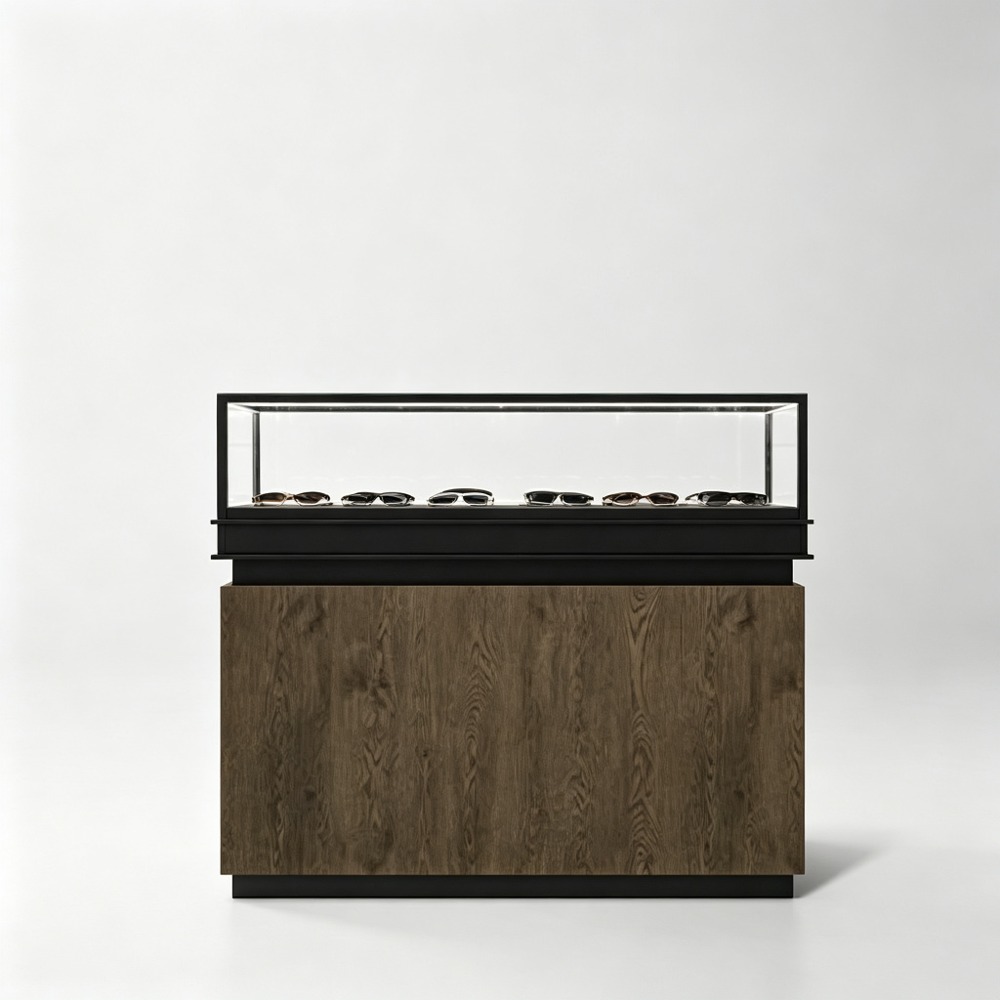 Walnut glass-top eyewear counter front three-quarter
