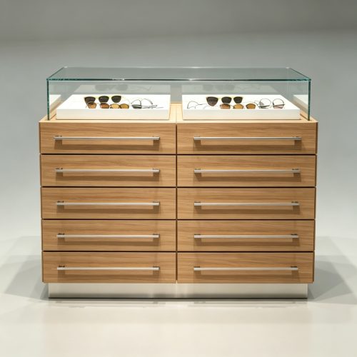 Light walnut optical frame display case front
