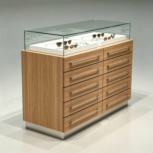 Optical display case with drawers left side