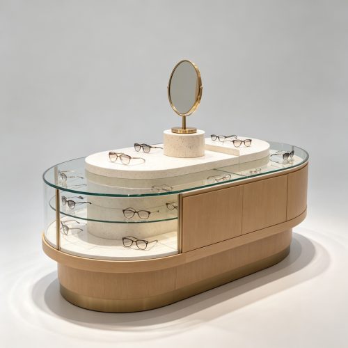 Curved glass eyewear island side