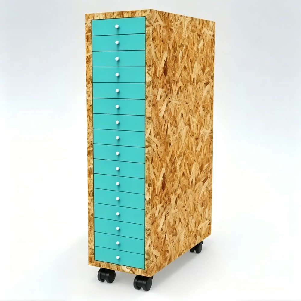OSB and Turquoise Portable Eyewear Storage Trolley with Twelve Drawers front three-quarter view