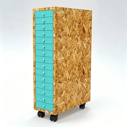 OSB and Turquoise Portable Eyewear Storage Trolley with Twelve Drawers side view