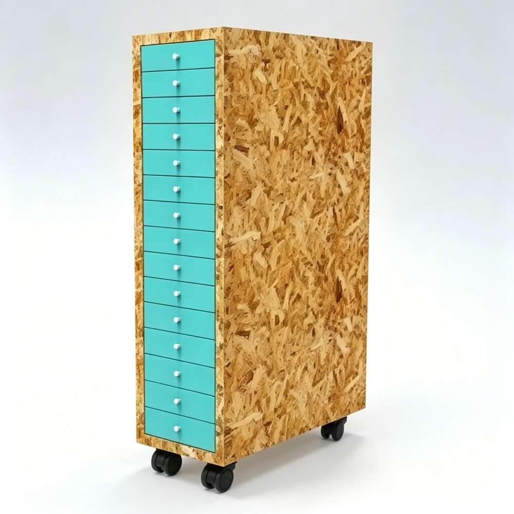 OSB and Turquoise Portable Eyewear Storage Trolley with Twelve Drawers side view