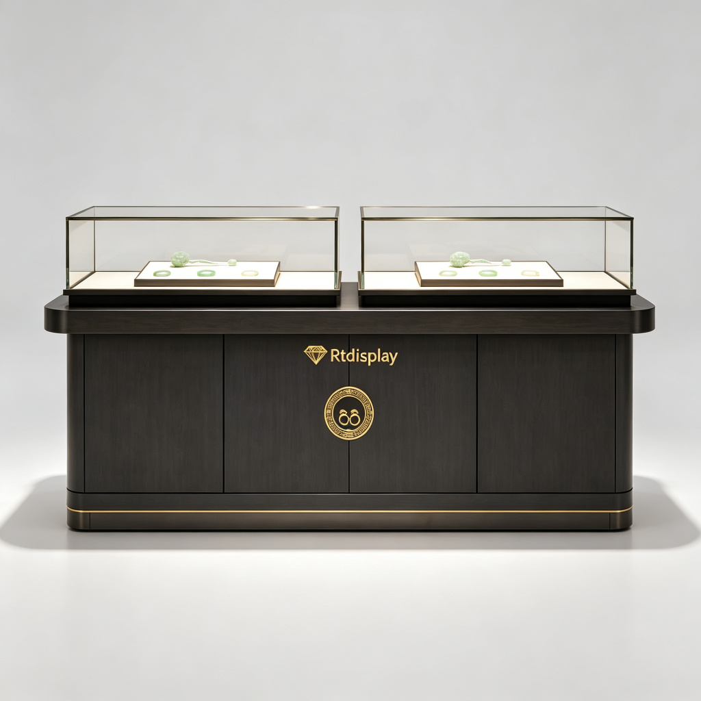 Dark wood jewelry counter front