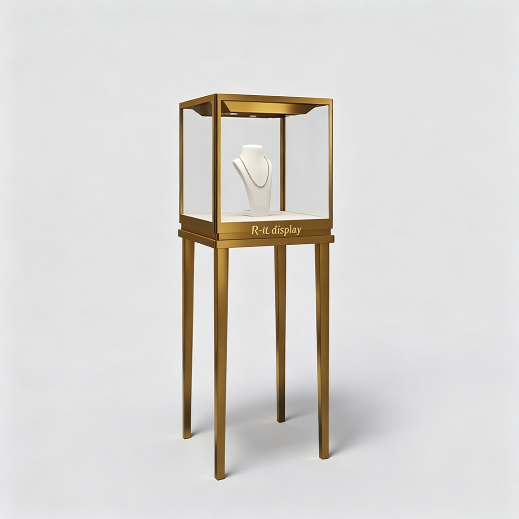 Gold pedestal jewelry showcase front