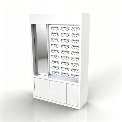 White eyewear display cabinet angle view