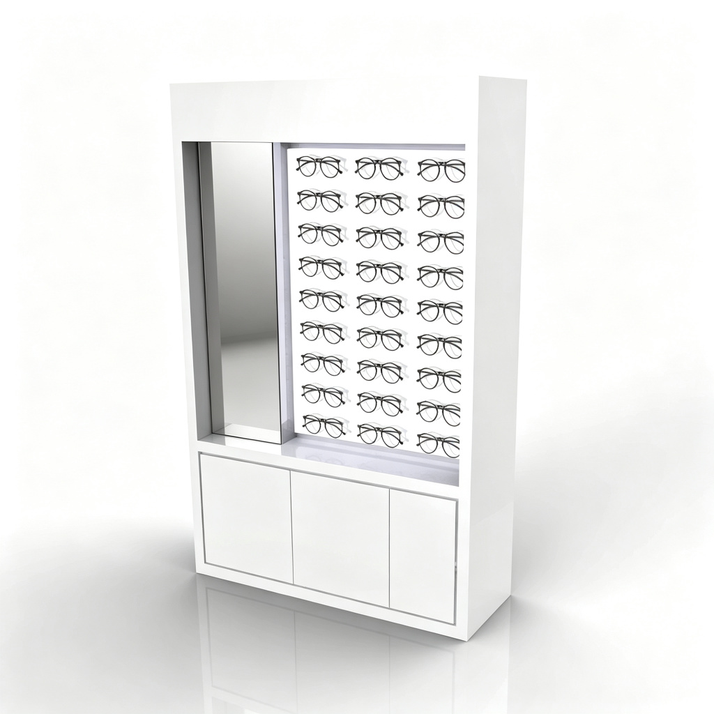 White eyewear display cabinet angle view