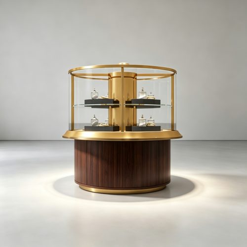 Walnut base cylinder showcase front