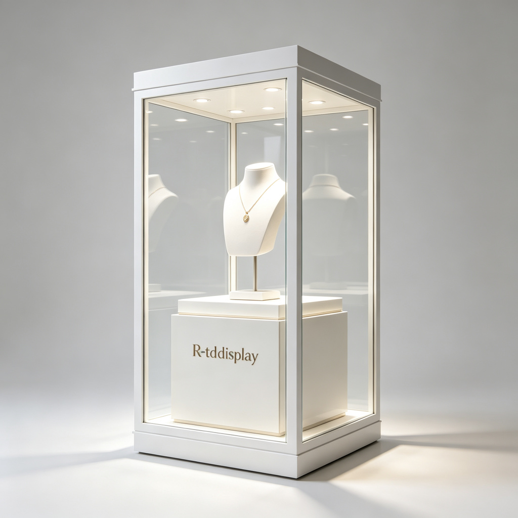 White pedestal display angle view