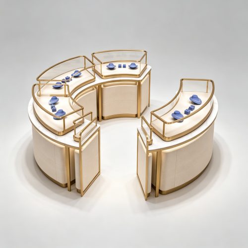 C-shaped jewelry island angle view