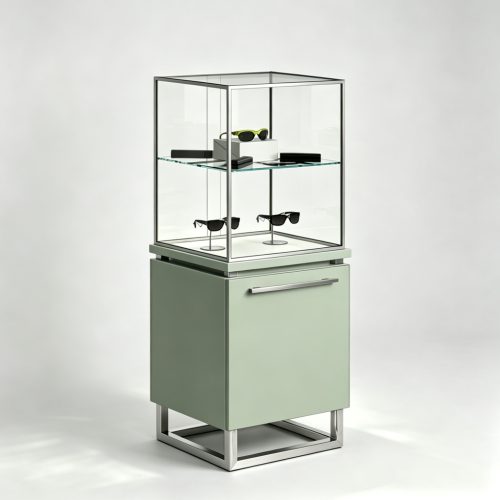Sage green pedestal display left side