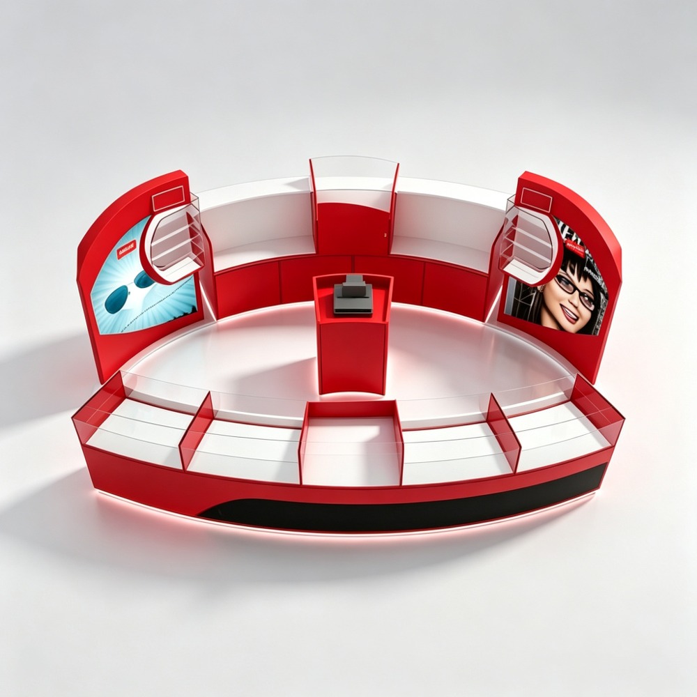 Personality Red Sunglasses Kiosk with Curved Glass Display Shelves - 12x10ft front three-quarter view