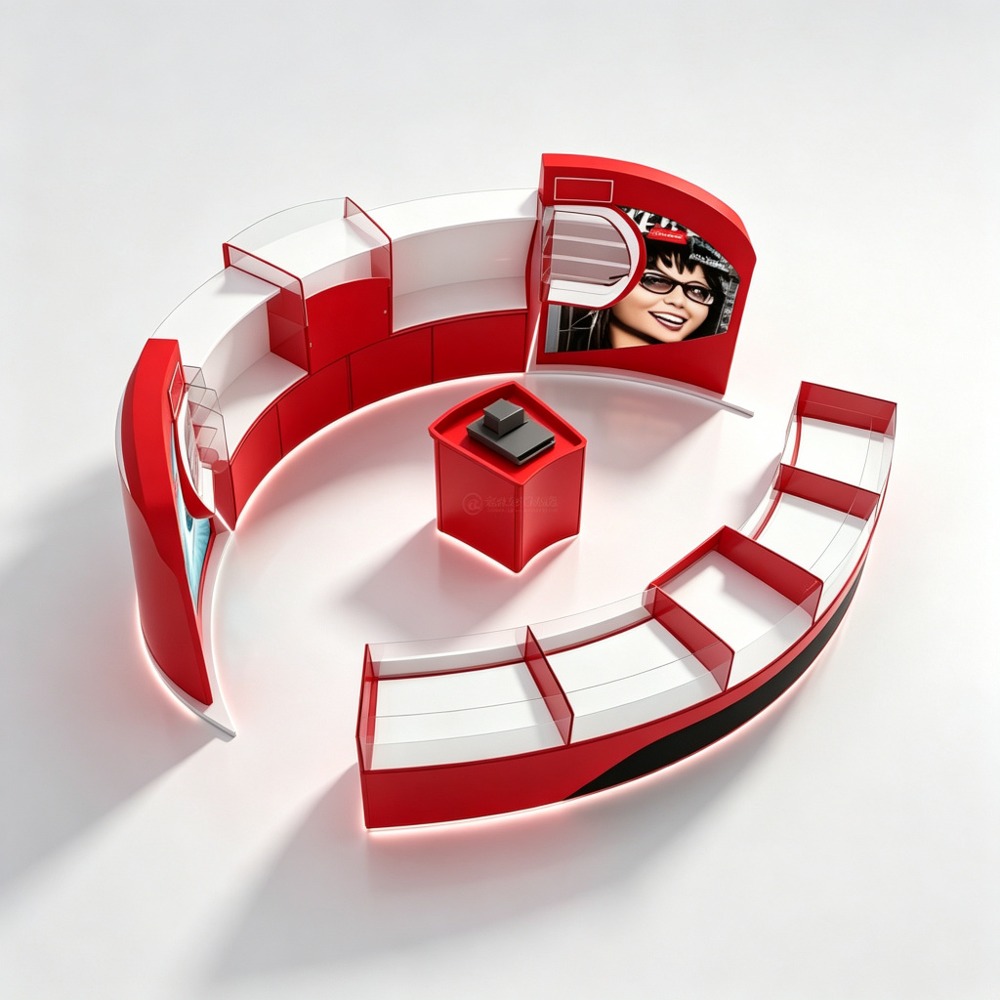 Personality Red Sunglasses Kiosk with Curved Glass Display Shelves - 12x10ft side view