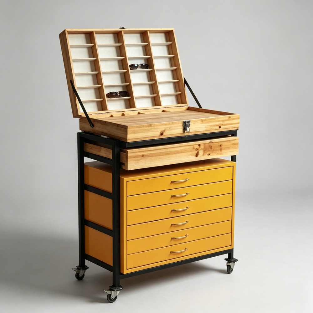Portable Yellow Optical Storage Trolley with Wooden Lift-Top Grid front three-quarter view