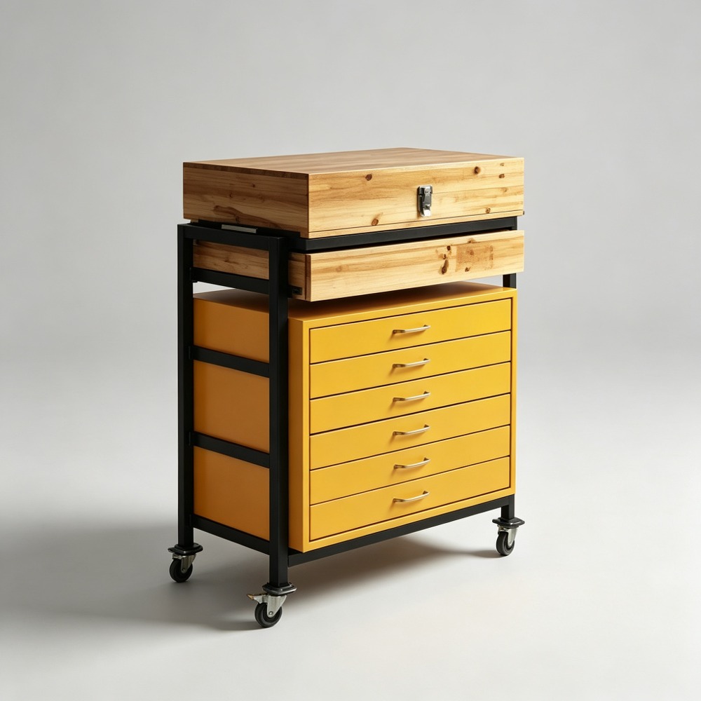 Portable Yellow Optical Storage Trolley with Wooden Lift-Top Grid side view