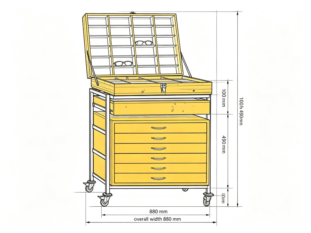 portable-yellow-optical-storage-trolley-wooden-lift-top dimension diagram