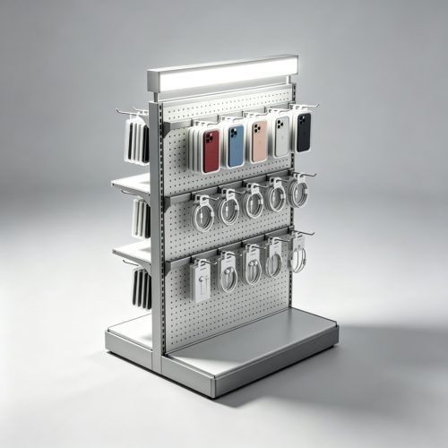 Silver pegboard countertop display stand with LED