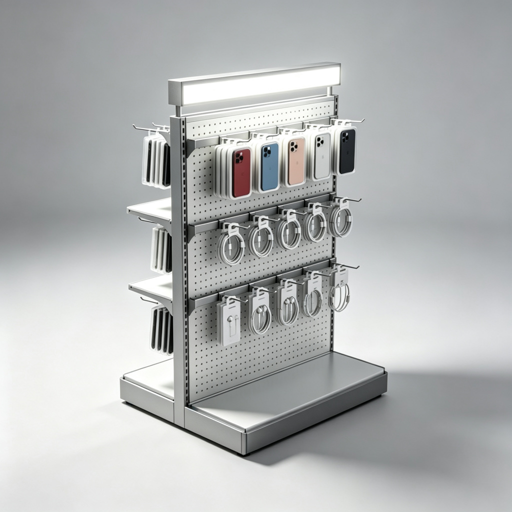 Silver pegboard countertop display stand with LED