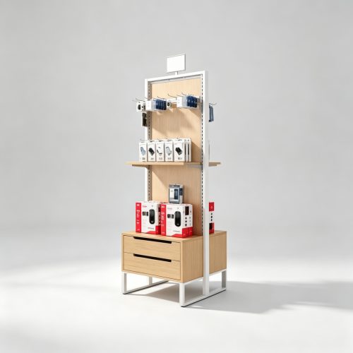 White frame phone accessories rack with drawer
