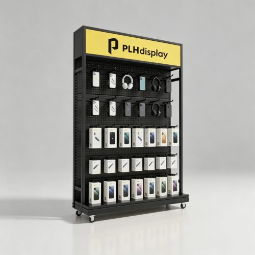 Left angle black pegboard display rack