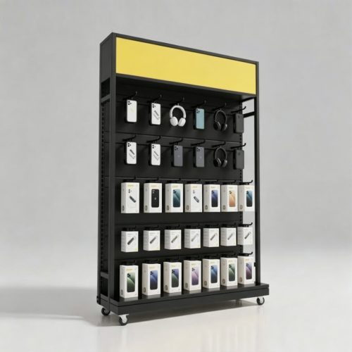 Black pegboard phone accessories rack with yellow sign