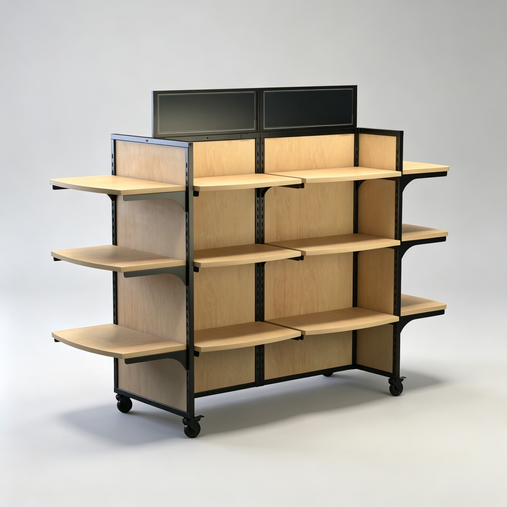 Double-sided island display shelf wood curved tiers