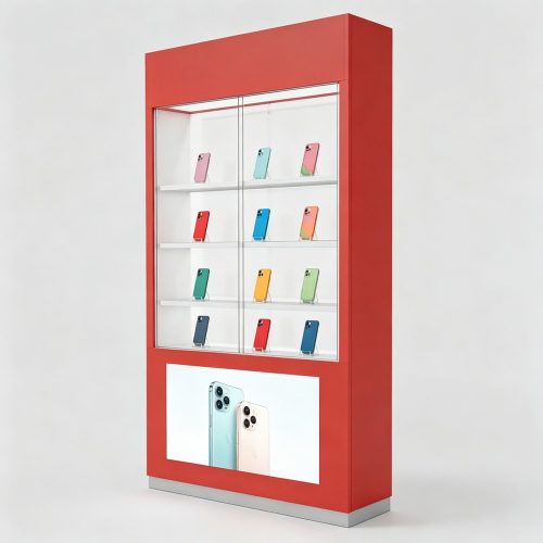 Red Tall Phone Display Cabinet with Glass Doors and Lightbox Panel front three-quarter view