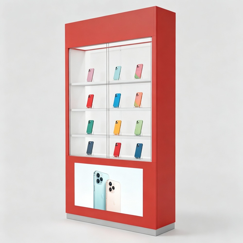 Red Tall Phone Display Cabinet with Glass Doors and Lightbox Panel front three-quarter view