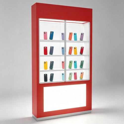Red Tall Phone Display Cabinet with Glass Doors and Lightbox Panel front view