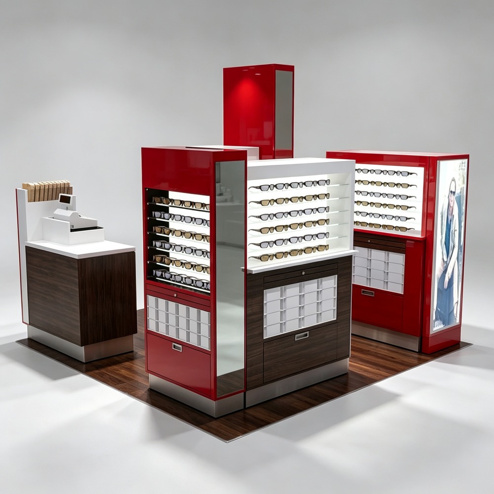 Red and Walnut Wood Eyewear Mall Kiosk with Open Four-Side Access - 10x10ft front three-quarter view