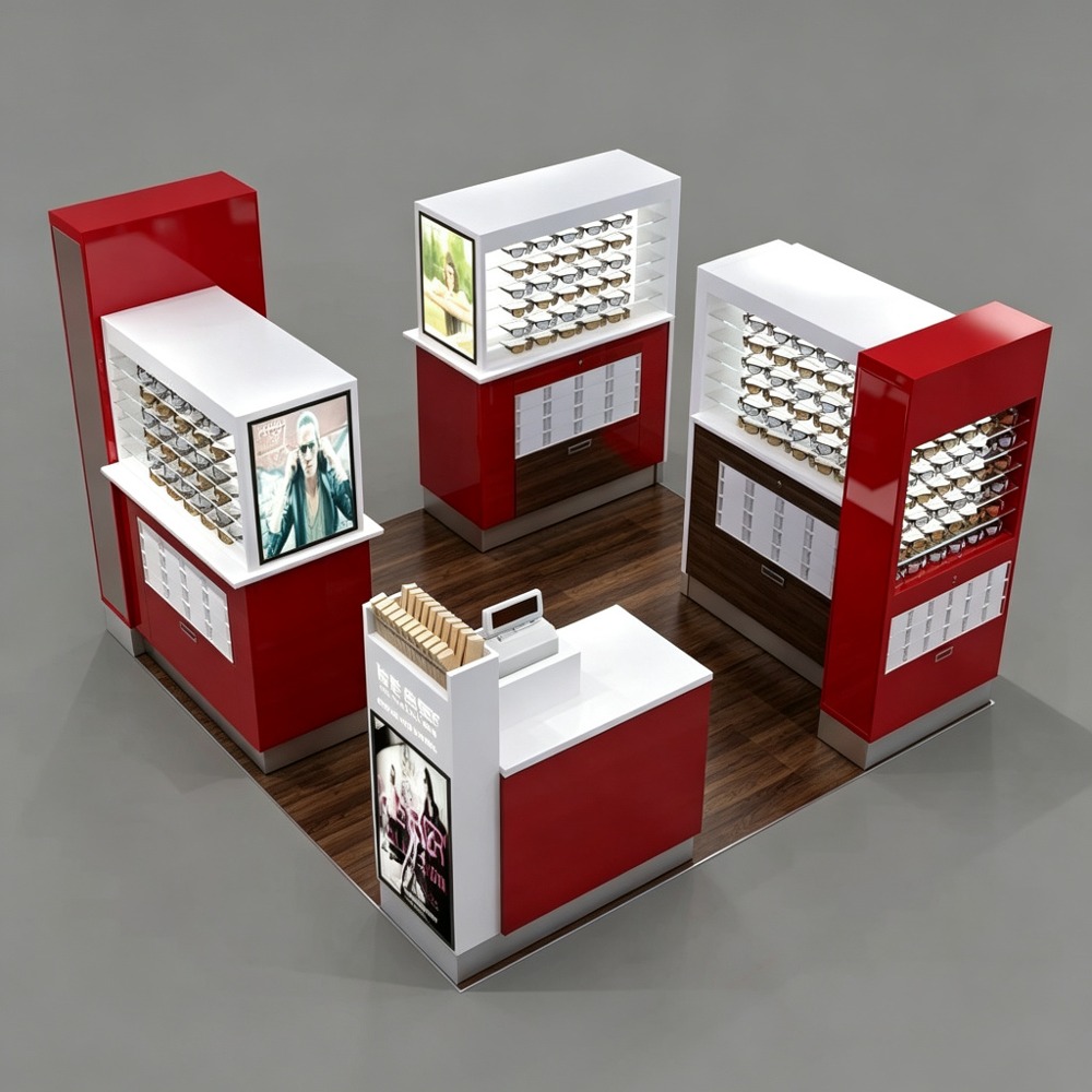 Red and Walnut Wood Eyewear Mall Kiosk with Open Four-Side Access - 10x10ft high-angle three-quarter view