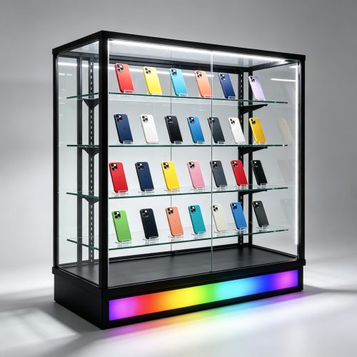 Black Metal Frame Glass Display Cabinet with RGB LED Base for Phone Cases front three-quarter view