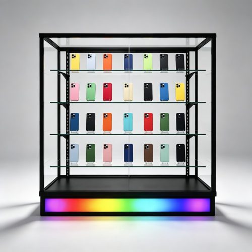 Black Metal Frame Glass Display Cabinet with RGB LED Base for Phone Cases front view
