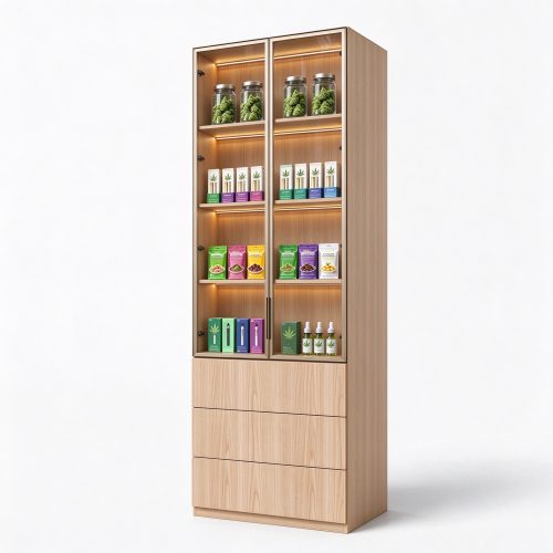 Light oak wood cannabis display cabinet right 45 degree angle view