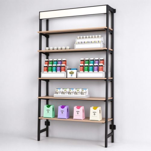 Black metal oak wood marijuana shop shelving rack right 45 degree main view
