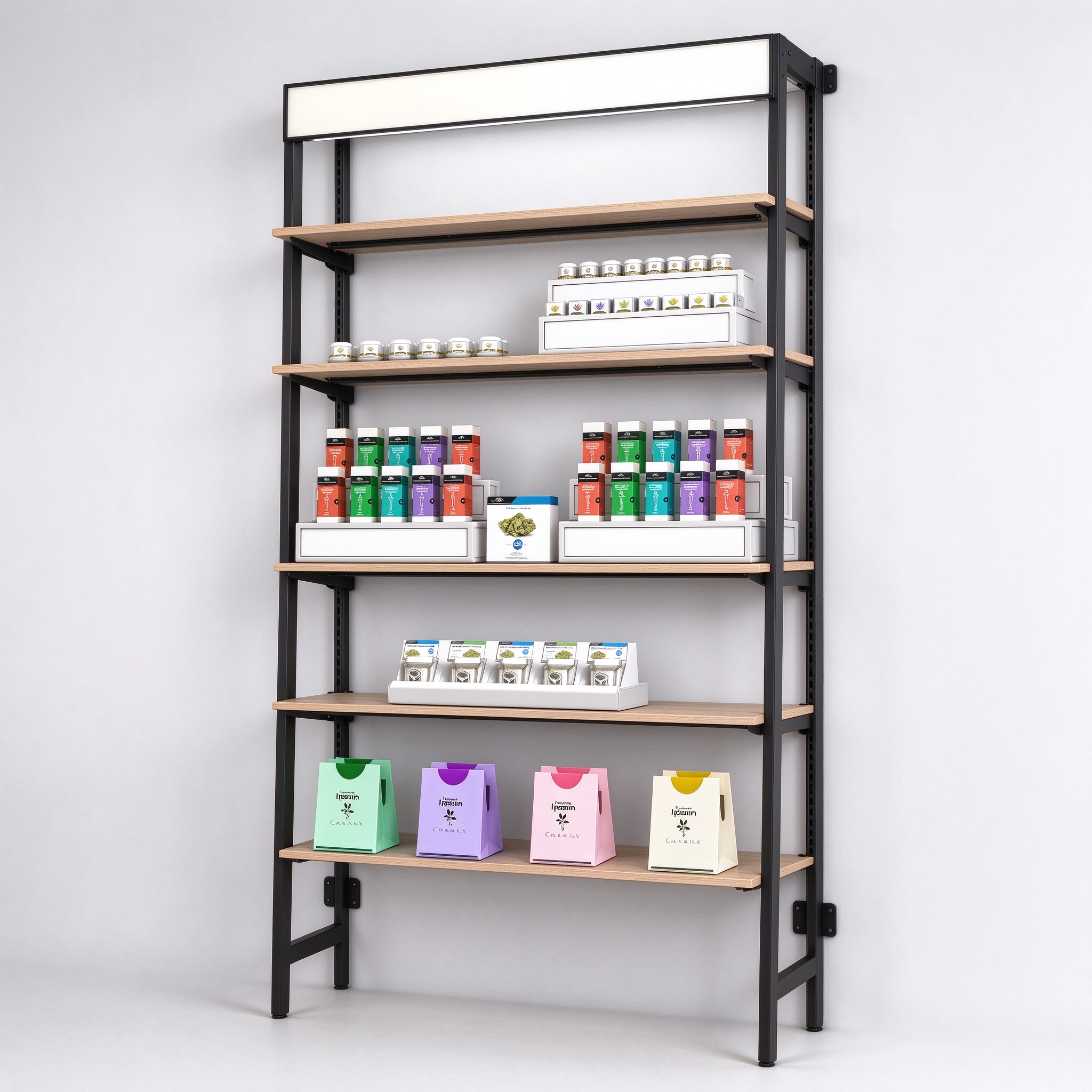 Black metal oak wood marijuana shop shelving rack right 45 degree main view